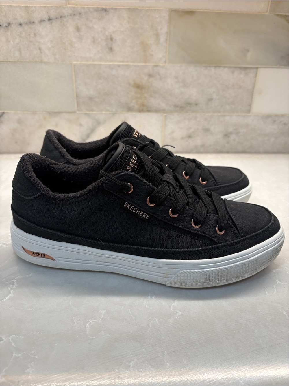 Skechers Black Canvas Low-Top Sneakers with White Platform